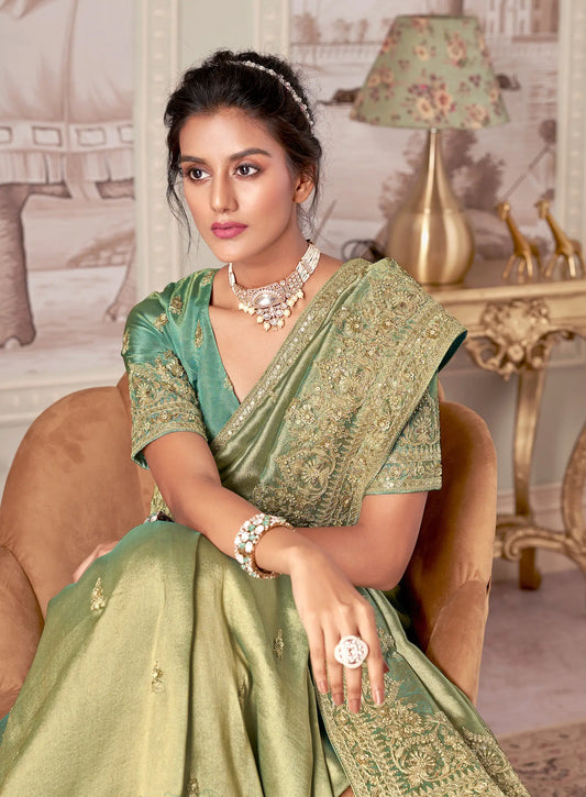 Sea Green Jacquard Silk Hand Work & Heavy Cut Work Saree