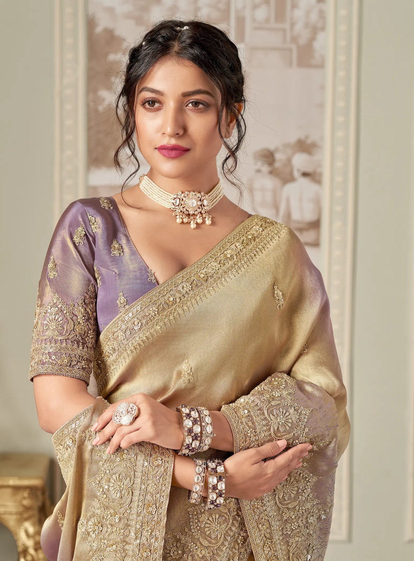 Golden Beige Jacquard Silk Hand Work & Heavy Cut Work Saree