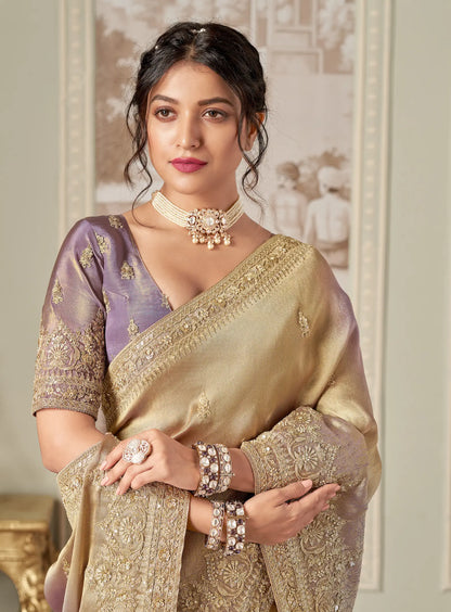 Golden Beige Jacquard Silk Hand Work & Heavy Cut Work Saree