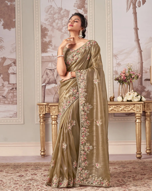 Golden Beige Rayana Silk Hand Work & Heavy Cut Work Saree