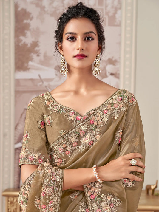 Golden Beige Rayana Silk Hand Work & Heavy Cut Work Saree