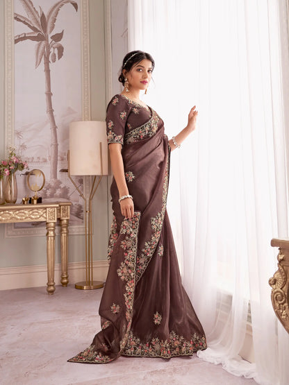 Cocoa Brown Rayana Silk Hand Work & Heavy Cut Work Saree