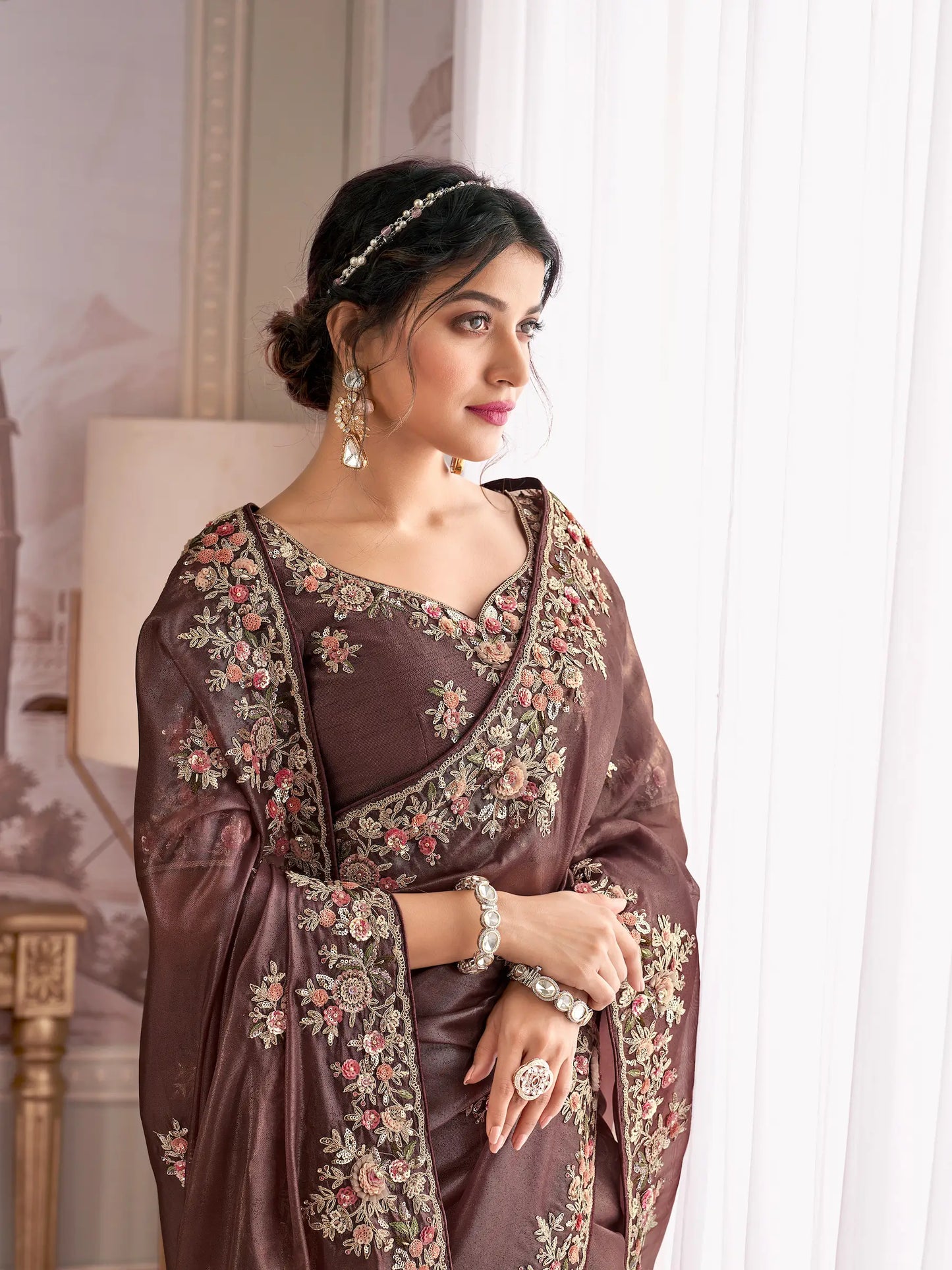 Cocoa Brown Rayana Silk Hand Work & Heavy Cut Work Saree