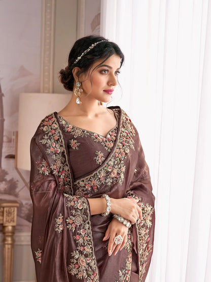 Cocoa Brown Rayana Silk Hand Work & Heavy Cut Work Saree