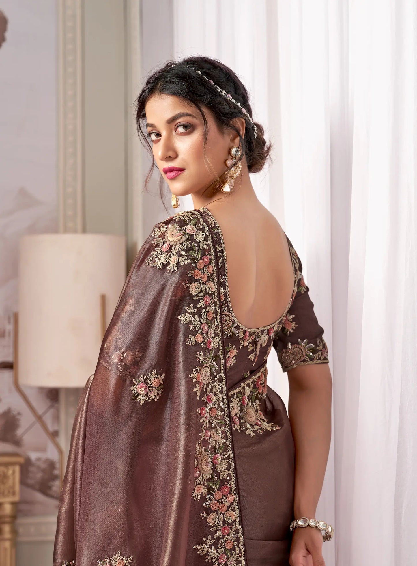 Cocoa Brown Rayana Silk Hand Work & Heavy Cut Work Saree