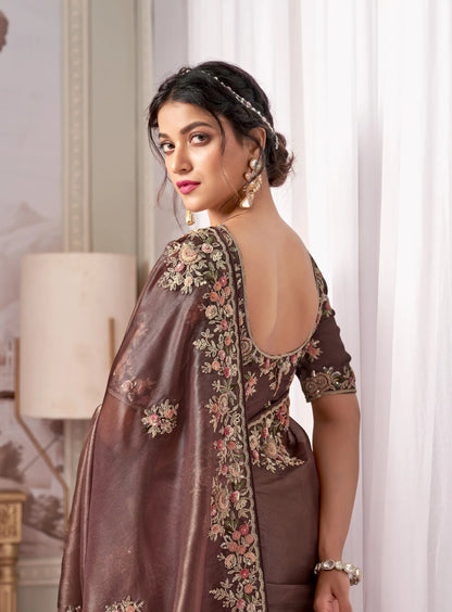 Cocoa Brown Rayana Silk Hand Work & Heavy Cut Work Saree