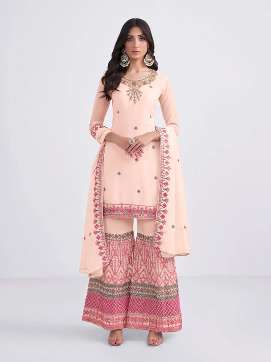 Peach Multi Thread Sequins Embroidery Hand Work Georgette Sharara Suit