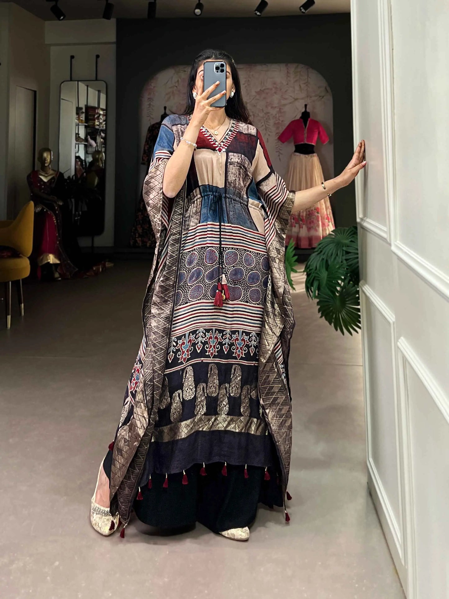 Designer Multi Color Real Mirror Hand Work With Zari Border Kaftan