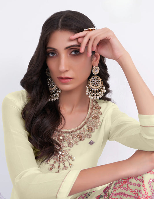 Light Yellow Multi Thread Sequins Embroidery Hand Work Sharara Suit