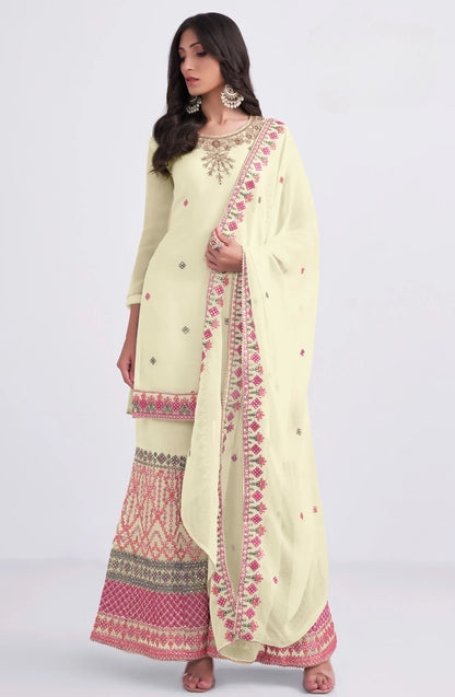 Light Yellow Multi Thread Sequins Embroidery Hand Work Sharara Suit