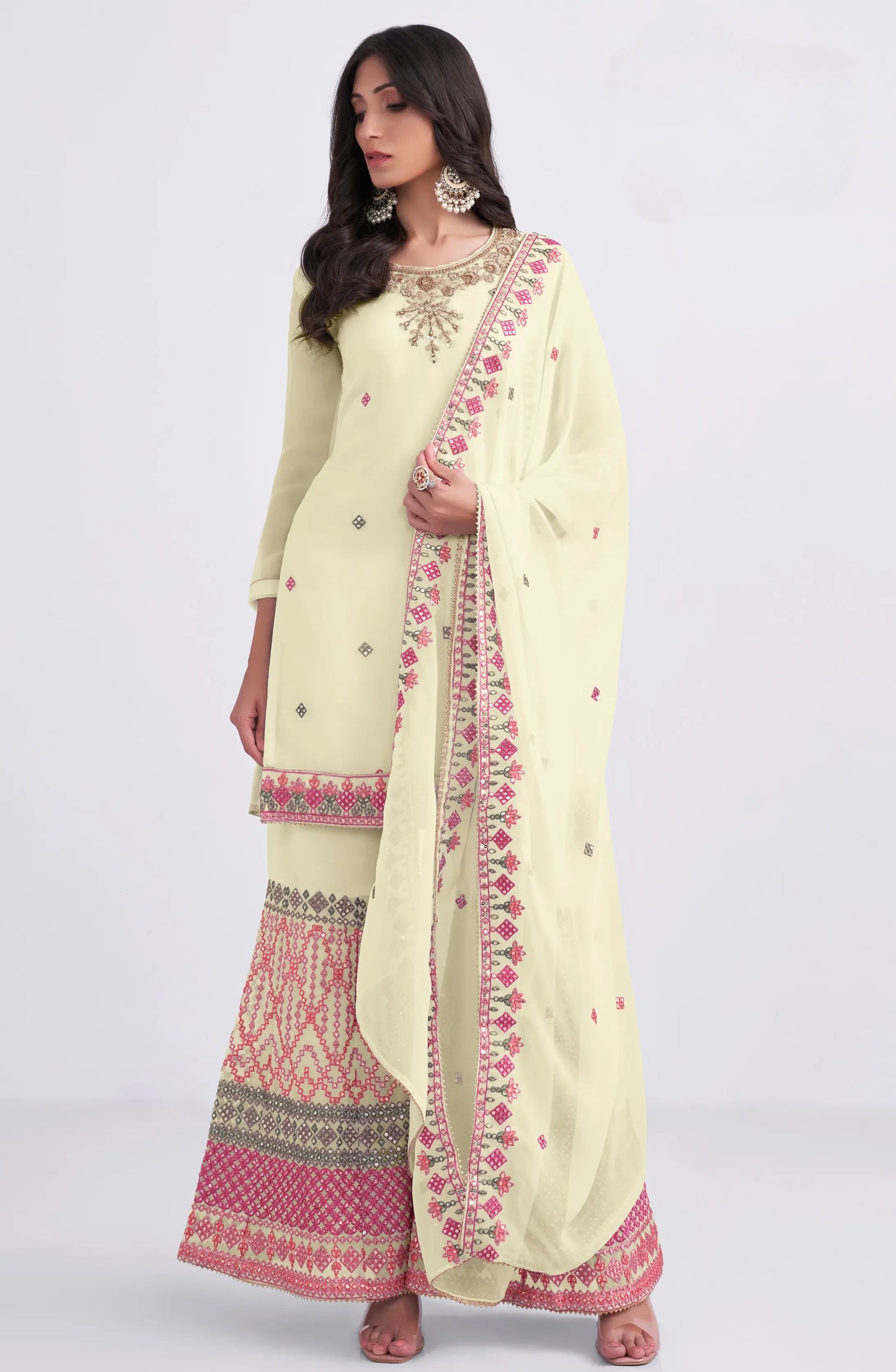 Light Yellow Multi Thread Sequins Embroidery Hand Work Sharara Suit