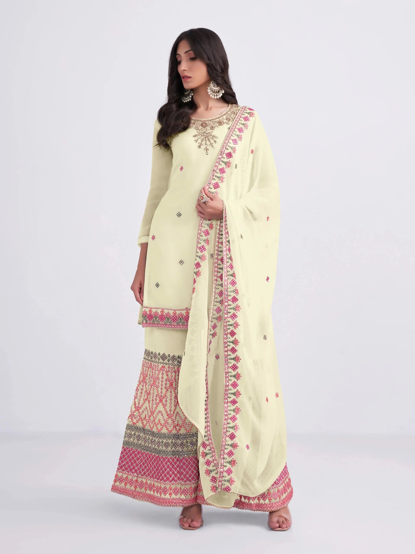 Light Yellow Multi Thread Sequins Embroidery Hand Work Sharara Suit