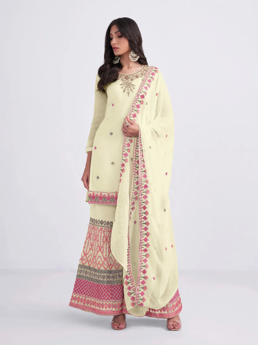 Light Yellow Multi Thread Sequins Embroidery Hand Work Sharara Suit