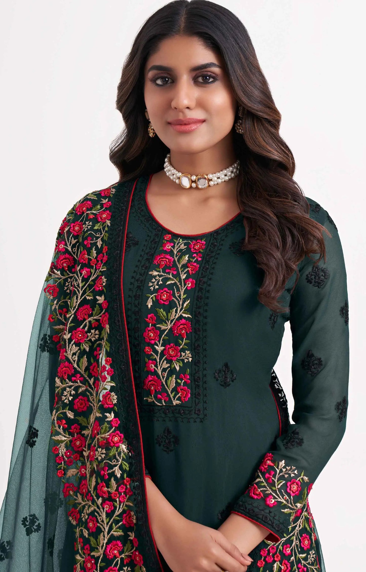 Deep Green Multi thread Zari Sequins Embroidery Floral Work Salwar Suit Set