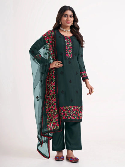 Deep Green Multi thread Zari Sequins Embroidery Floral Work Salwar Suit Set