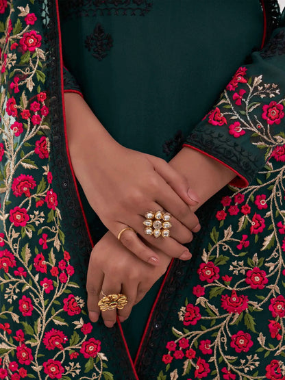 Deep Green Multi thread Zari Sequins Embroidery Floral Work Salwar Suit Set