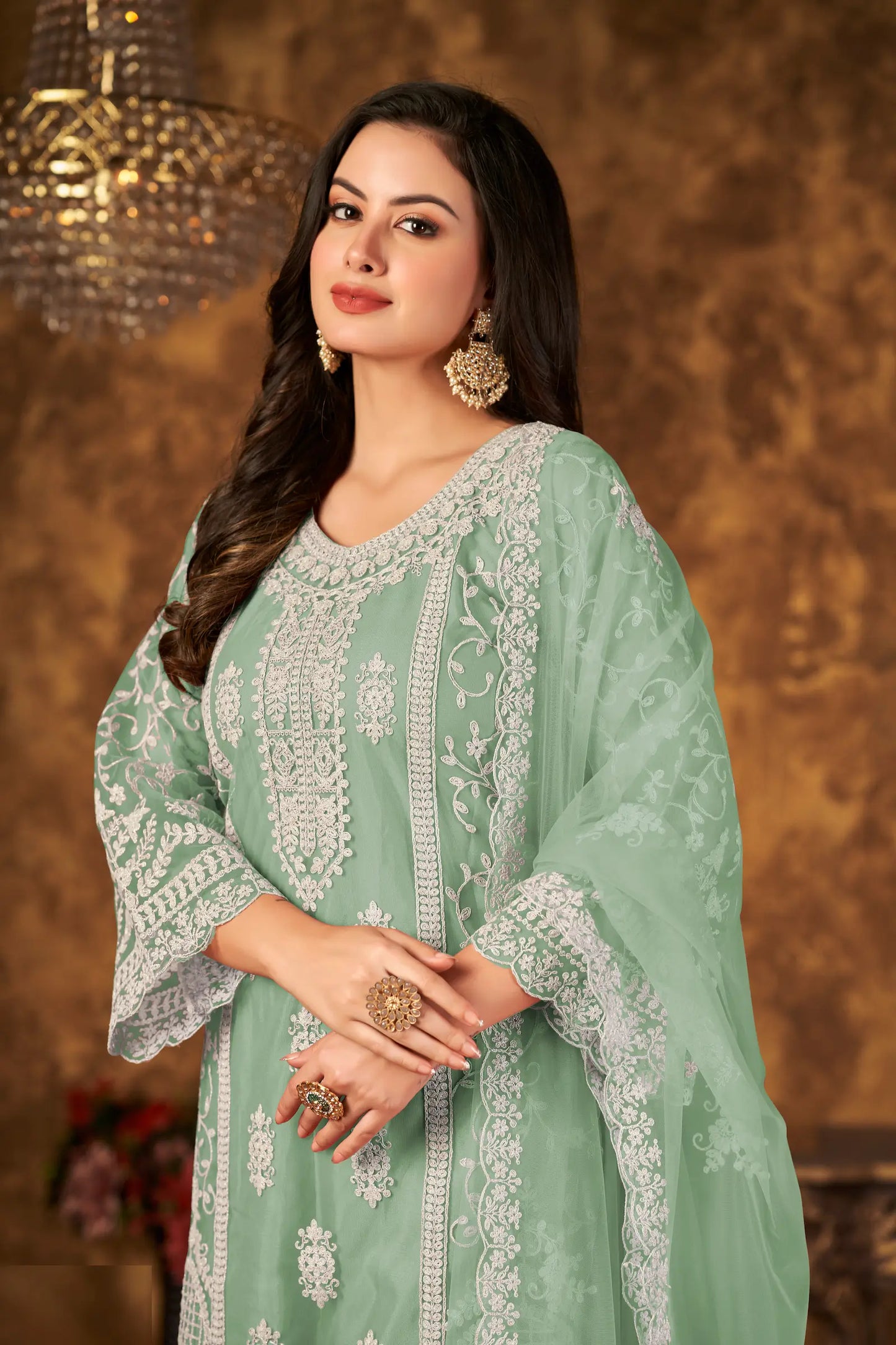 Pista Green Net Salwar Suit With Thread & Sequence Embroidery Work