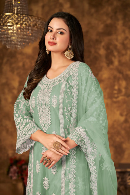 Pista Green Net Salwar Suit With Thread & Sequence Embroidery Work