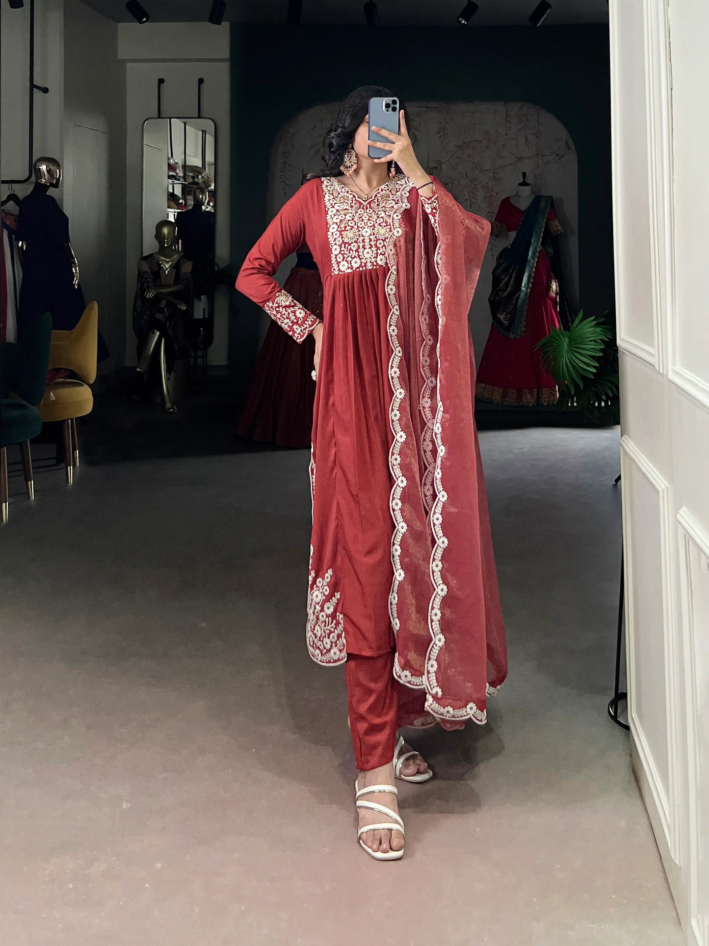 Rust Orange Cotton Salwar Suit With Thread & Sequins Embroidery Work