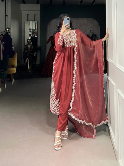 Rust Orange Cotton Salwar Suit With Thread & Sequins Embroidery Work