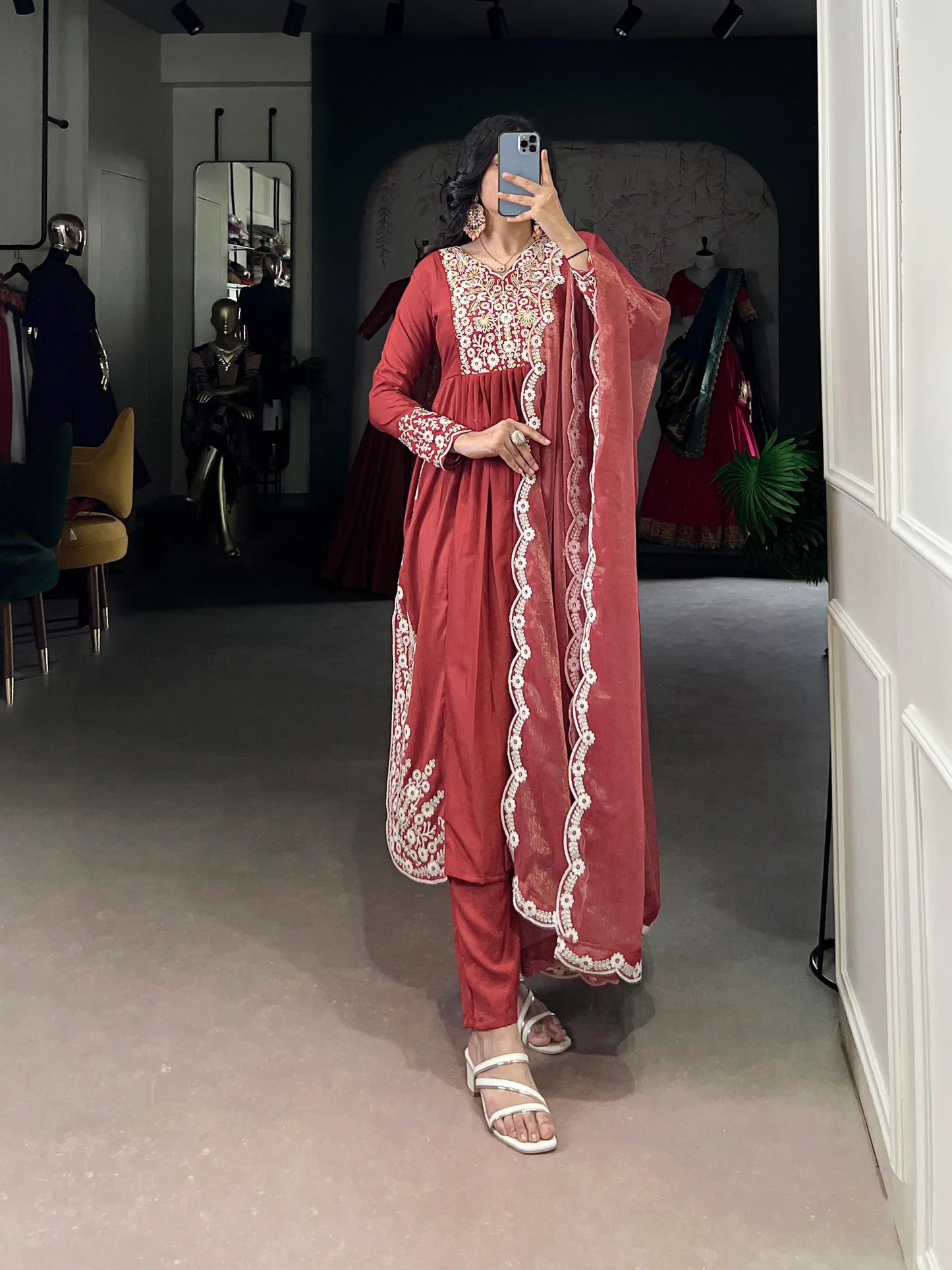 Rust Orange Cotton Salwar Suit With Thread & Sequins Embroidery Work