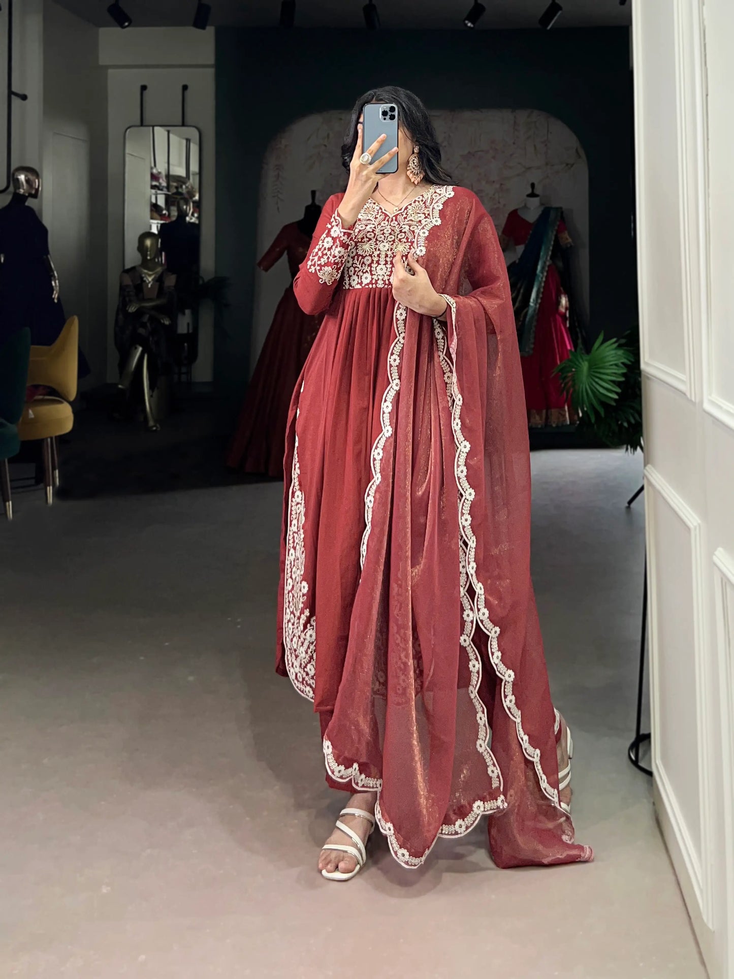 Rust Orange Cotton Salwar Suit With Thread & Sequins Embroidery Work