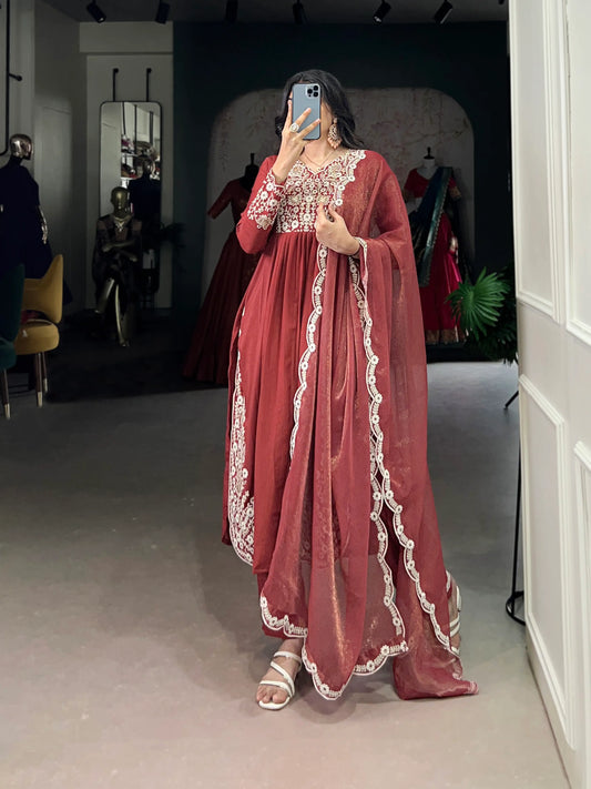 Rust Orange Cotton Salwar Suit With Thread & Sequins Embroidery Work