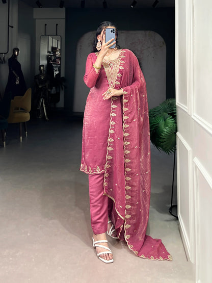 Light Pink Salwar Suit With Sequins & Thread Embroidery Work