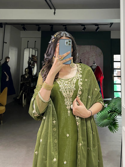 Olive Green Salwar Suit With Sequins & Thread Embroidery Work