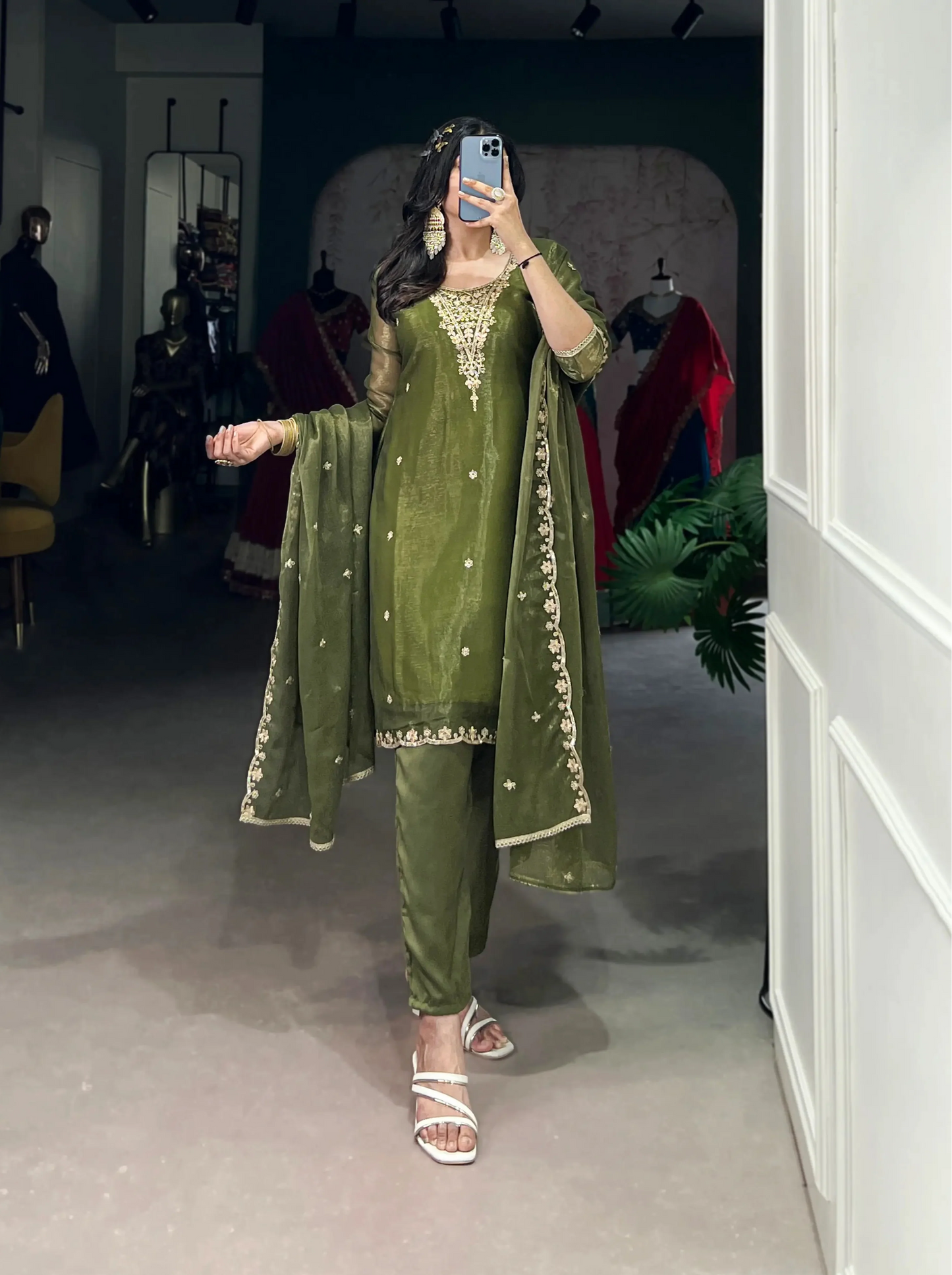 Olive Green Salwar Suit With Sequins & Thread Embroidery Work