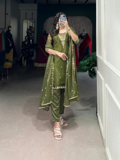 Olive Green Salwar Suit With Sequins & Thread Embroidery Work