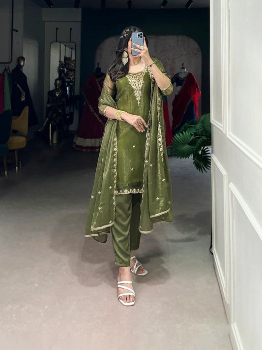 Olive Green Salwar Suit With Sequins & Thread Embroidery Work