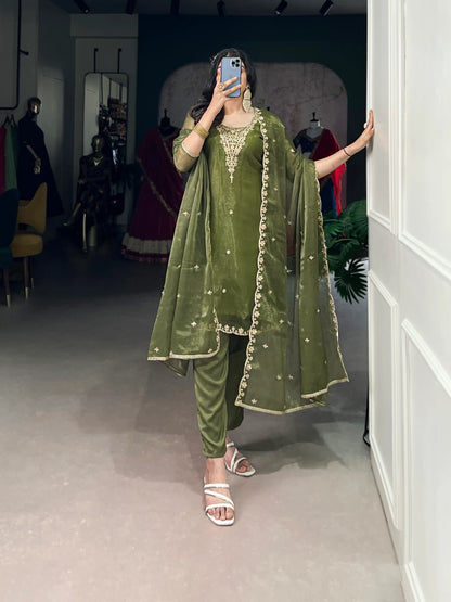 Olive Green Salwar Suit With Sequins & Thread Embroidery Work