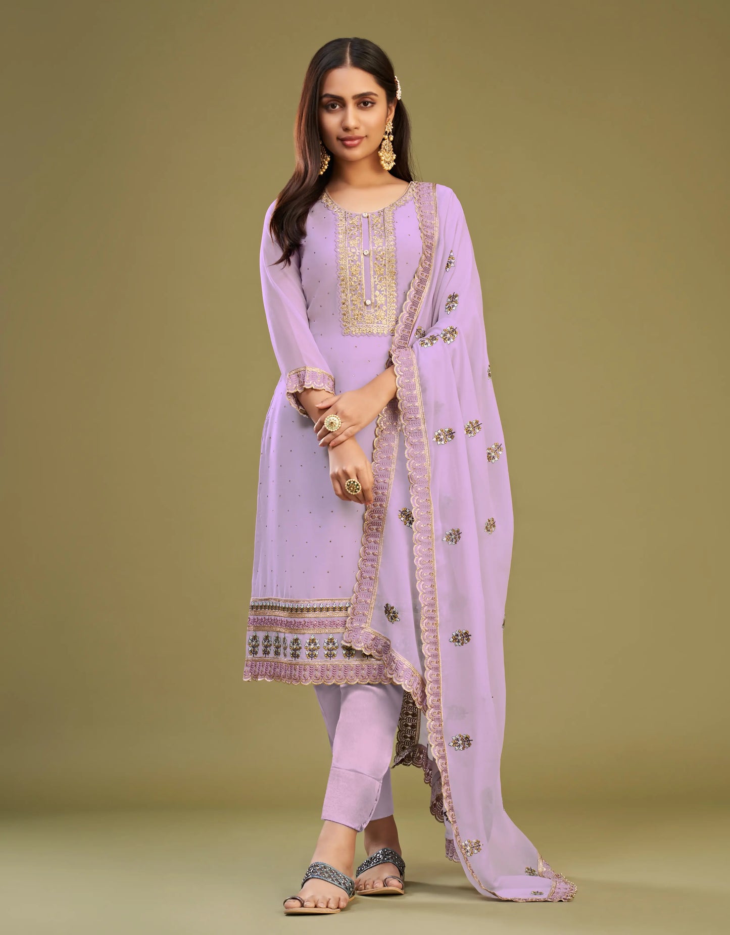 Lavender Embroidery Work With Stone Embellished Straight Salwar Suit Set