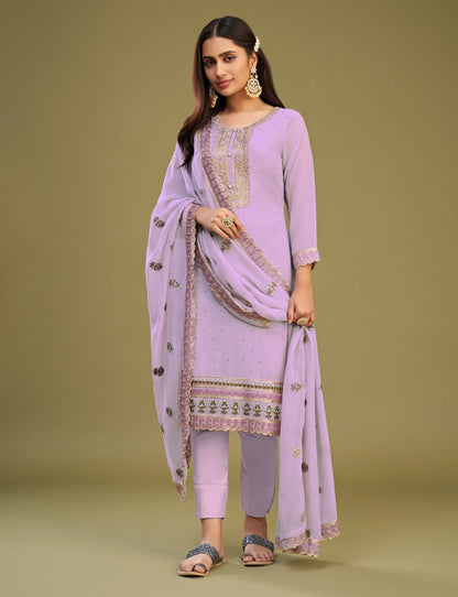 Lavender Embroidery Work With Stone Embellished Straight Salwar Suit Set