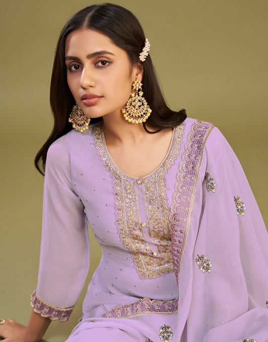 Lavender Embroidery Work With Stone Embellished Straight Salwar Suit Set