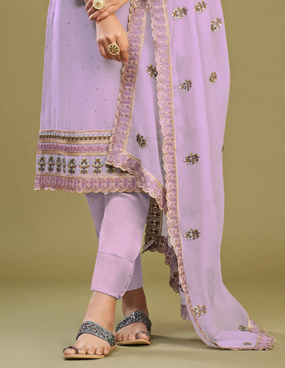 Lavender Embroidery Work With Stone Embellished Straight Salwar Suit Set