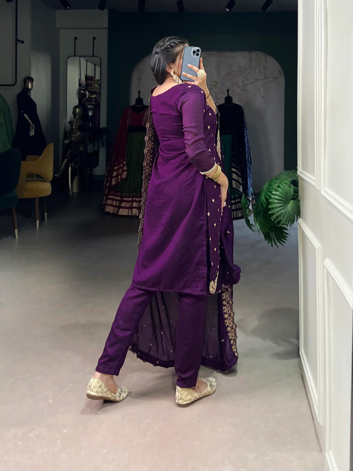 Purple Vichitra Silk Salwar Suit With Sequins & Thread Embroidery Work