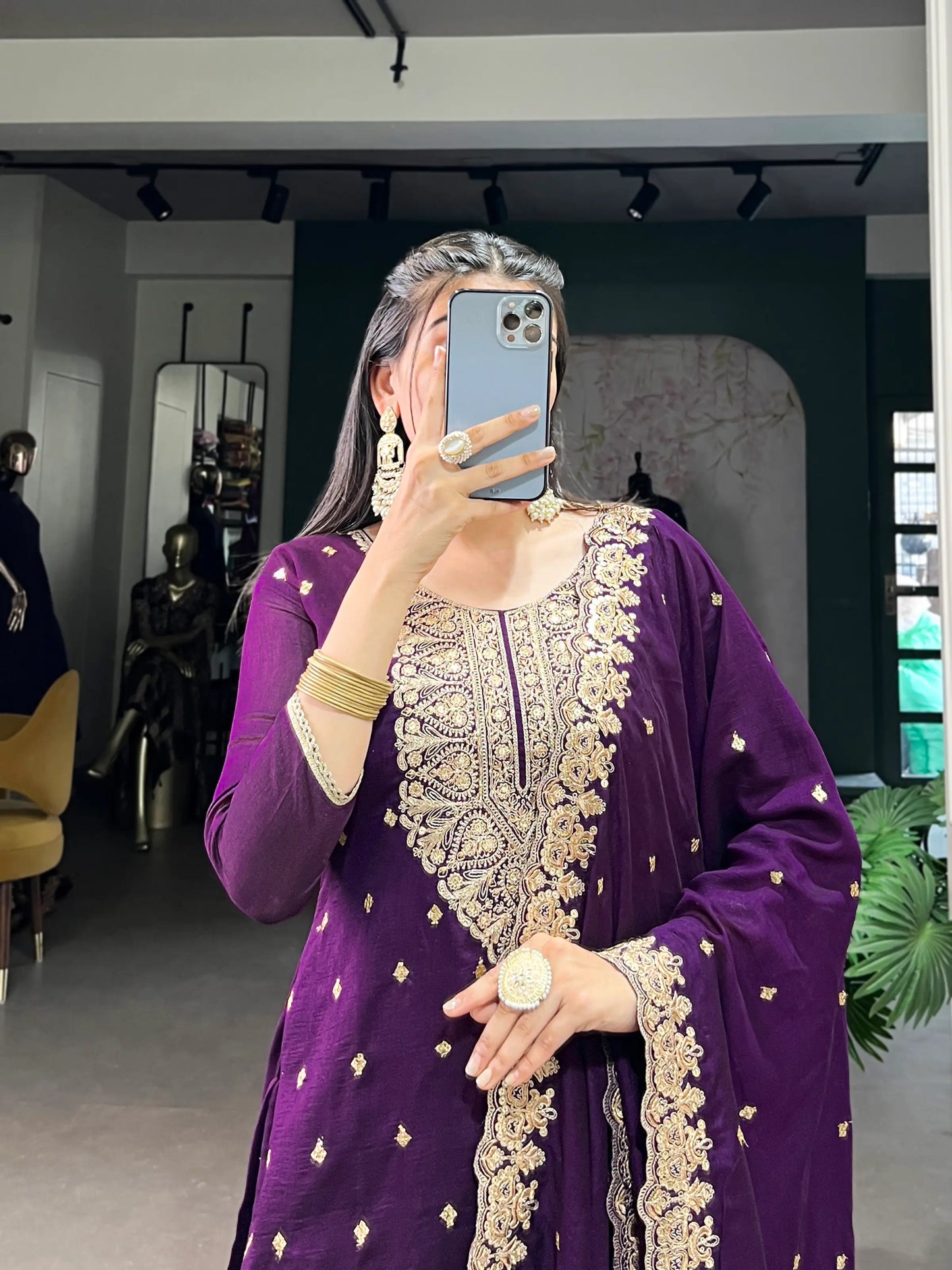 Purple Vichitra Silk Salwar Suit With Sequins & Thread Embroidery Work