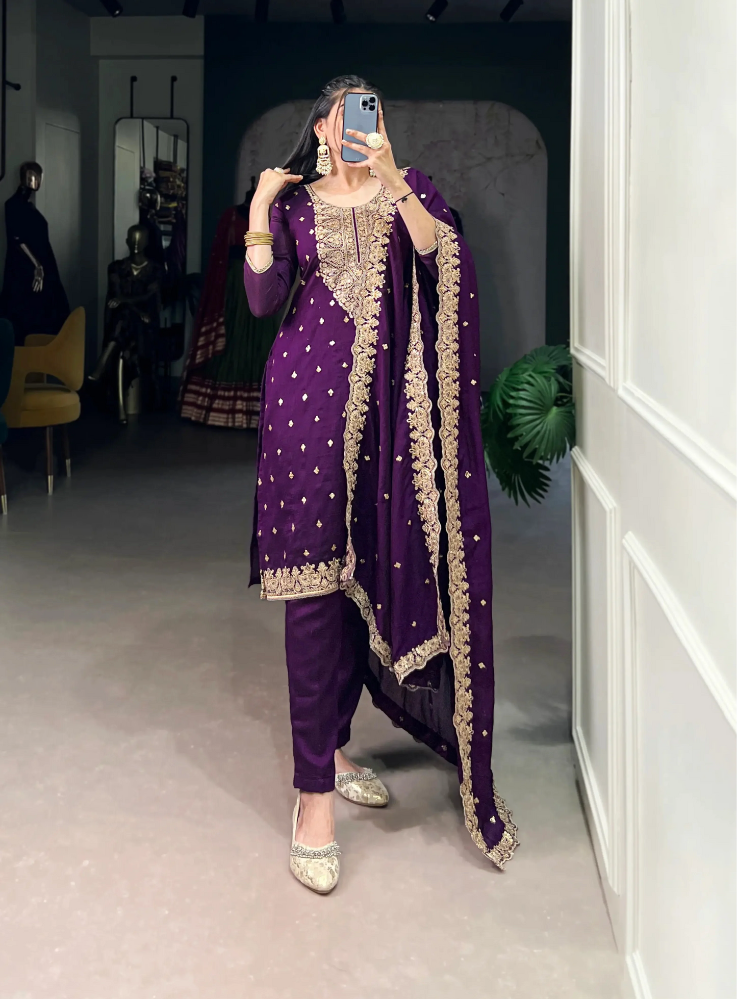 Purple Vichitra Silk Salwar Suit With Sequins & Thread Embroidery Work