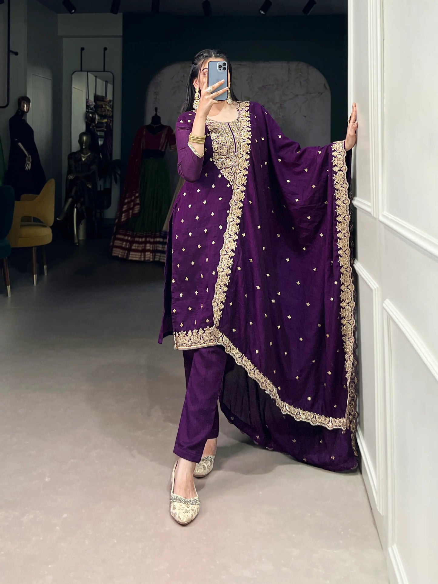 Purple Vichitra Silk Salwar Suit With Sequins & Thread Embroidery Work