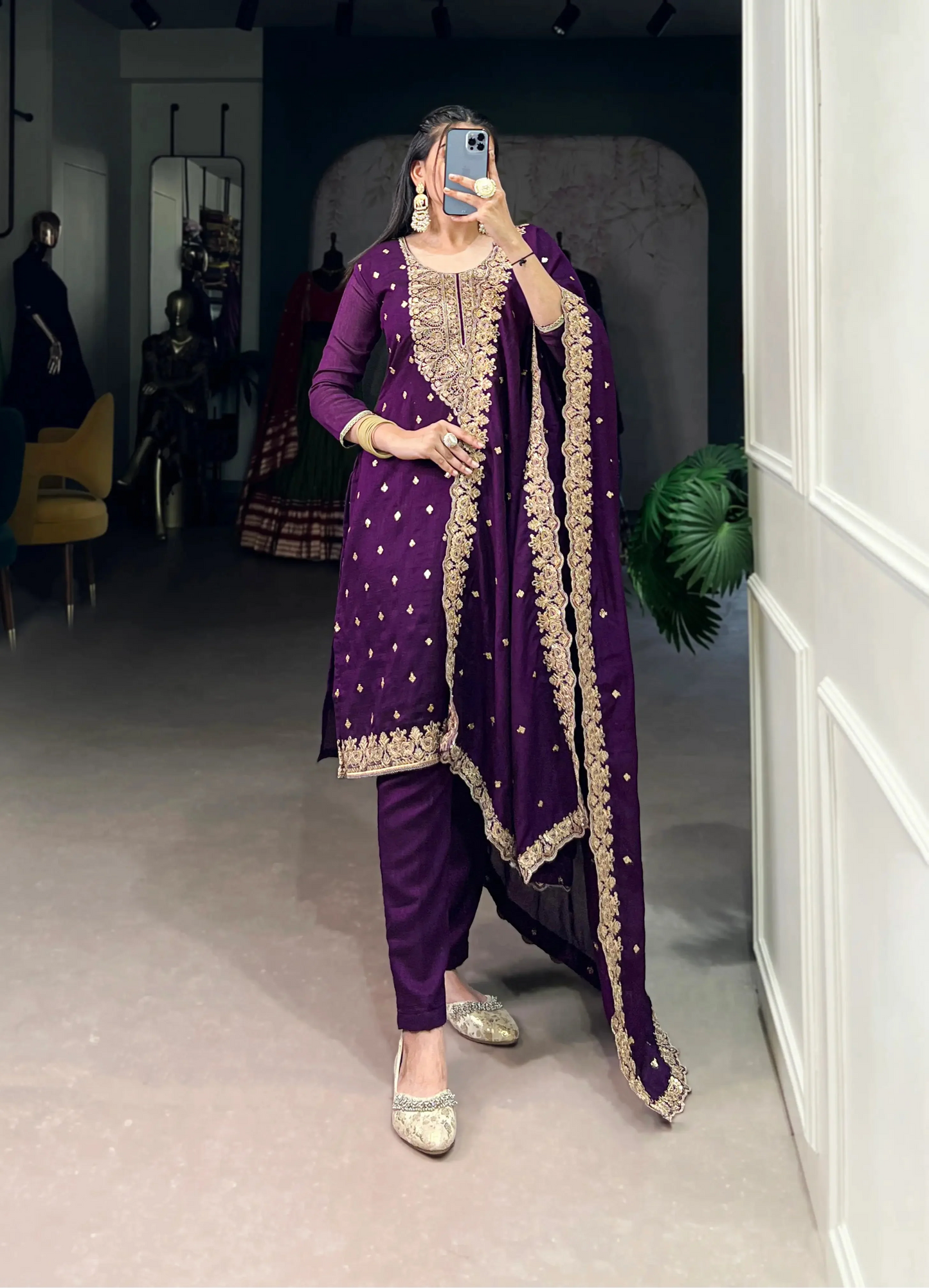 Purple Vichitra Silk Salwar Suit With Sequins & Thread Embroidery Work
