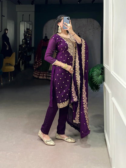 Purple Vichitra Silk Salwar Suit With Sequins & Thread Embroidery Work