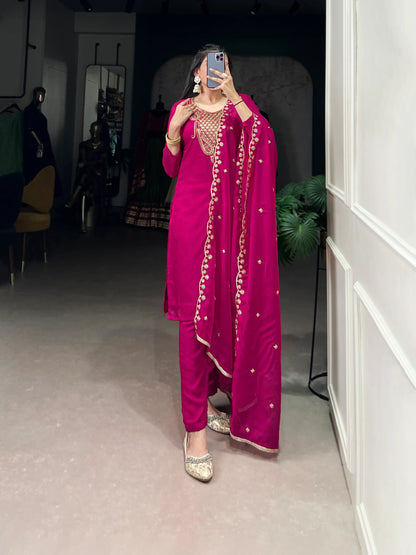 Dark Pink Organza Salwar Suit With Sequins & Thread Embroidery Work