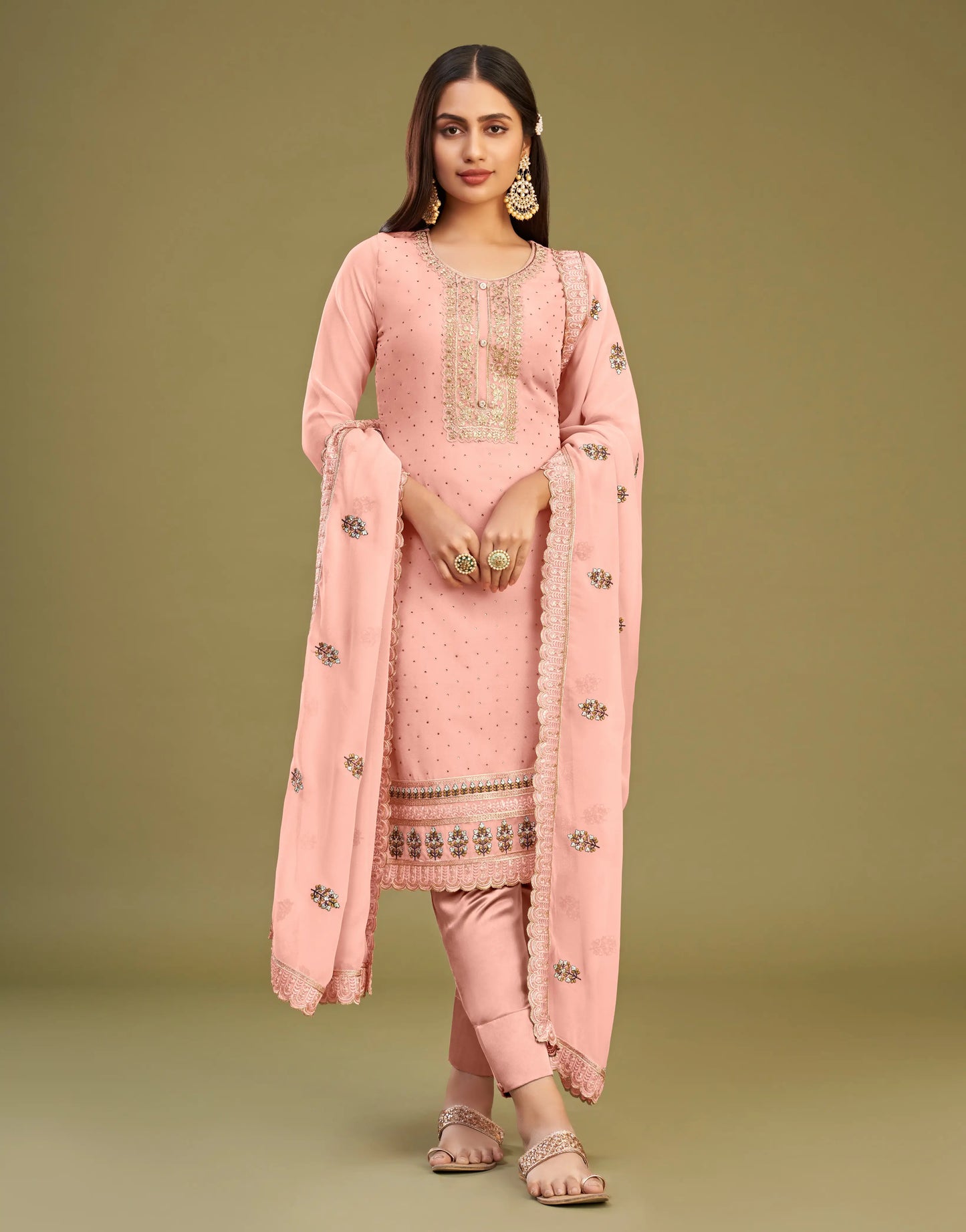 Peach Pink Embroidery Work With Stone Embellished Straight Salwar Suit Set