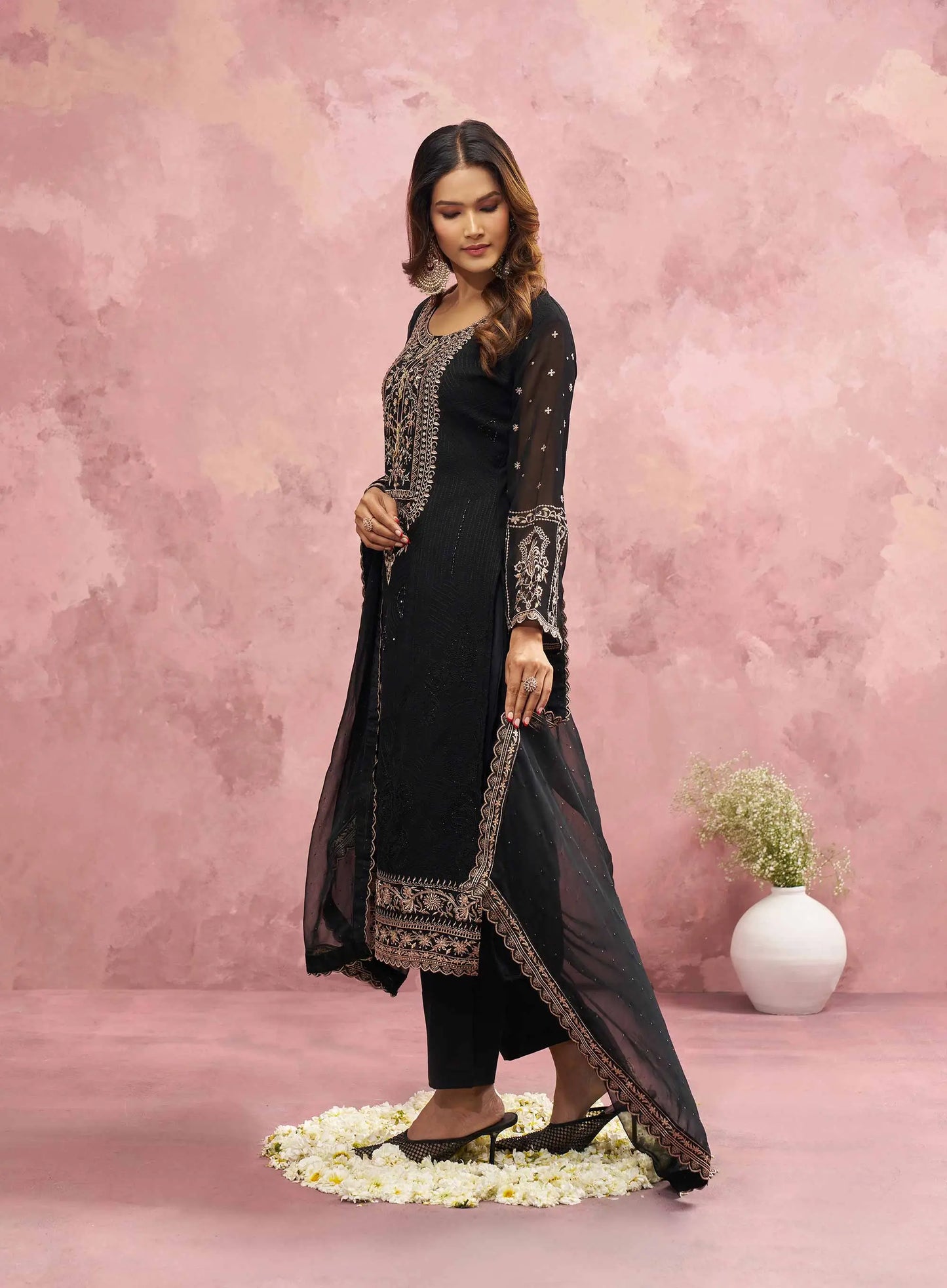 Most Trendy Black Embroidery Work With Khatli Work salwar Suit