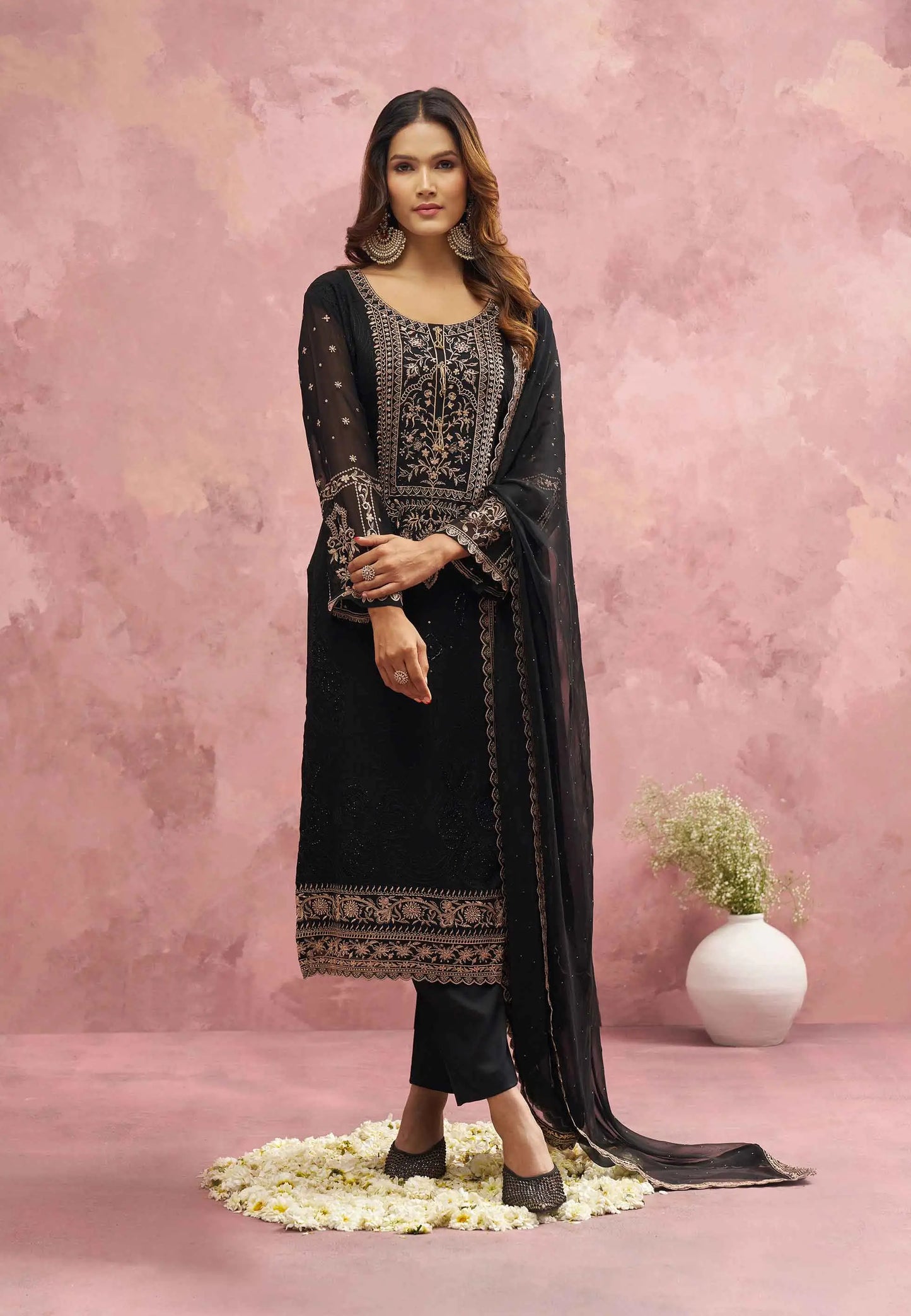 Most Trendy Black Embroidery Work With Khatli Work salwar Suit