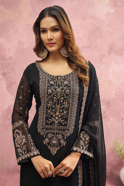 Most Trendy Black Embroidery Work With Khatli Work salwar Suit