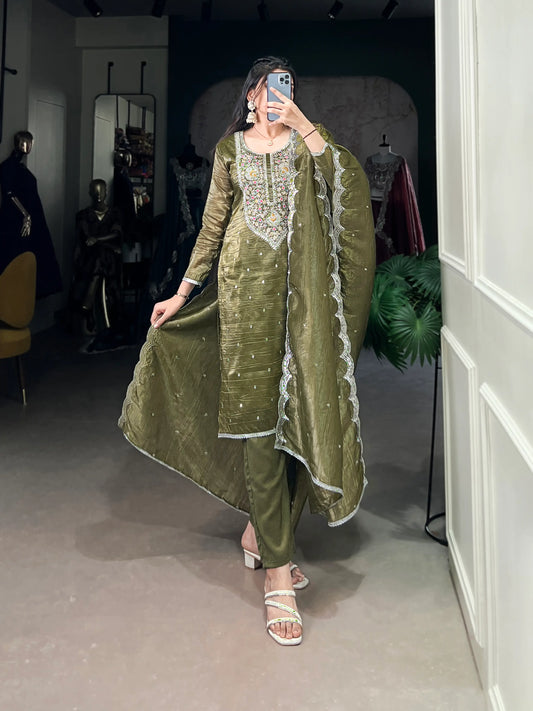 Olive Green Gold Crush Salwar Suit With Sequins & Thread Embroidery Work