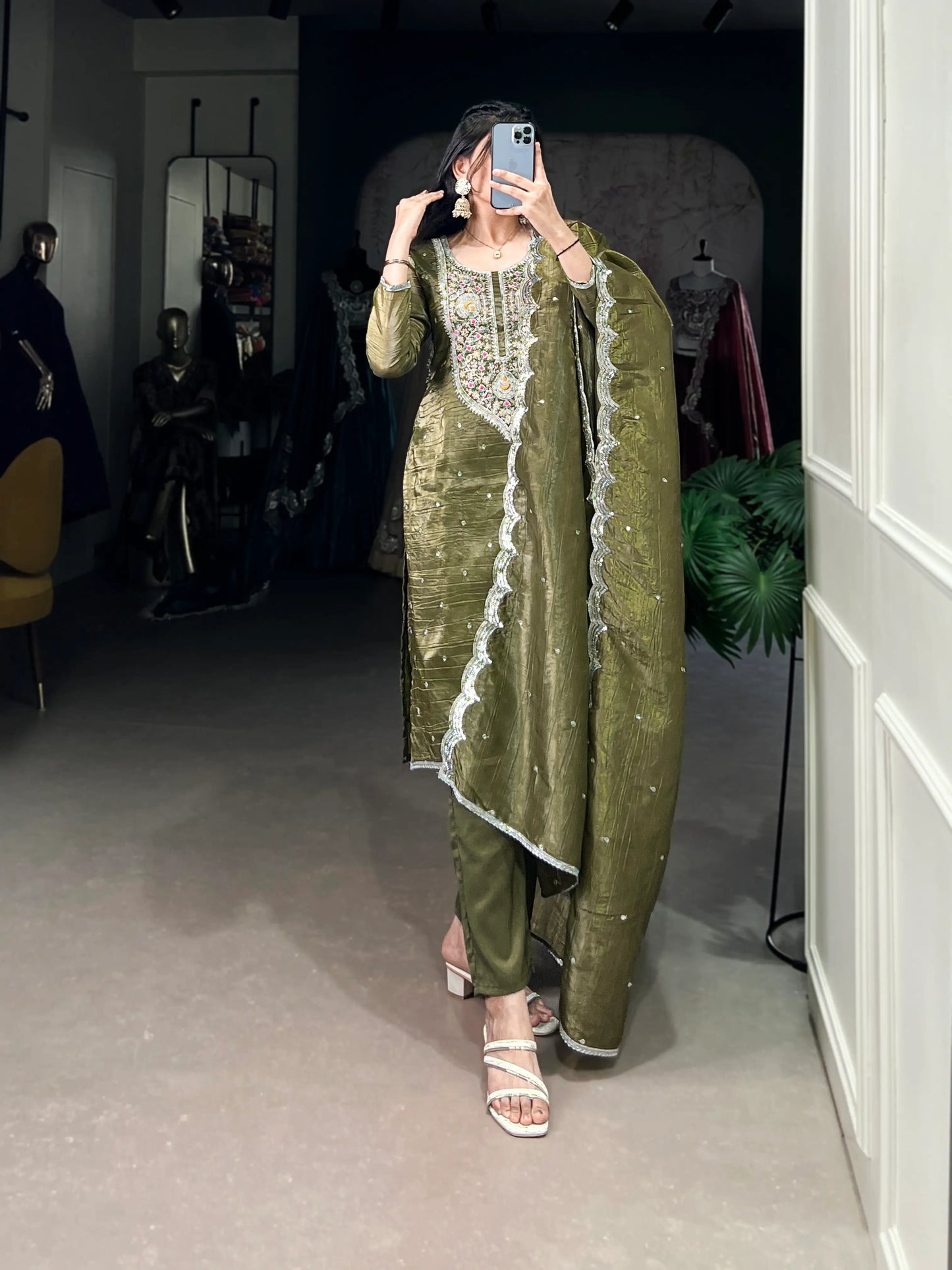 Olive Green Gold Crush Salwar Suit With Sequins & Thread Embroidery Work